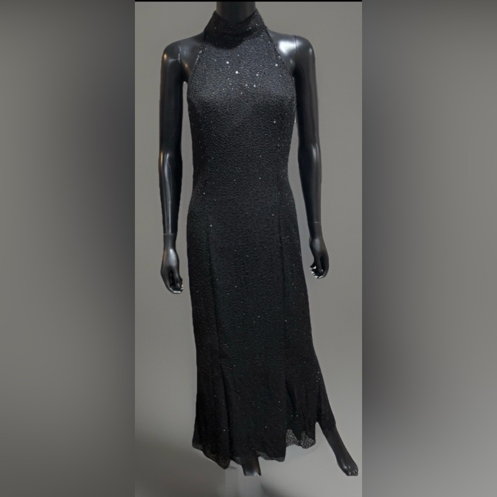 Black Sequin Halter Evening Gown Fitted Mermaid Sz 8 prom